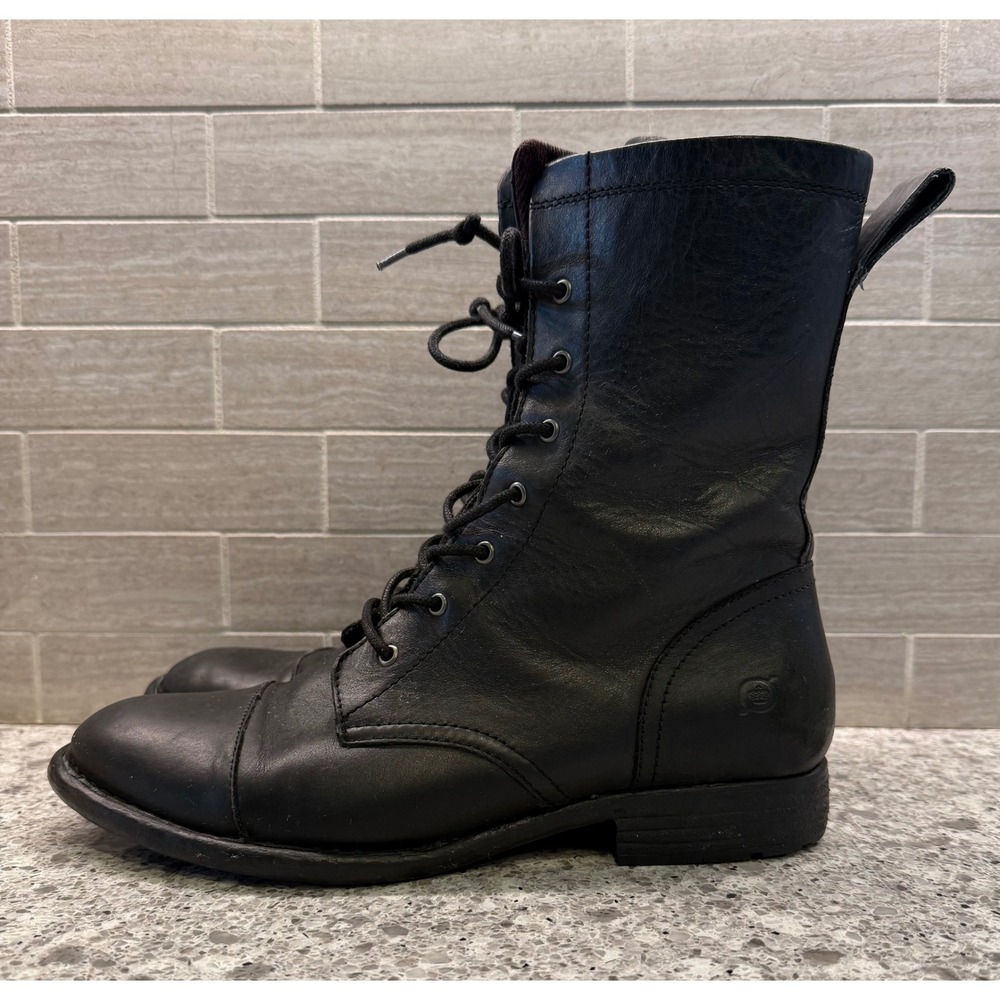 Born Women's Neon Black Leather Lace Up Combat Boots Low Block Heel Size 8.5